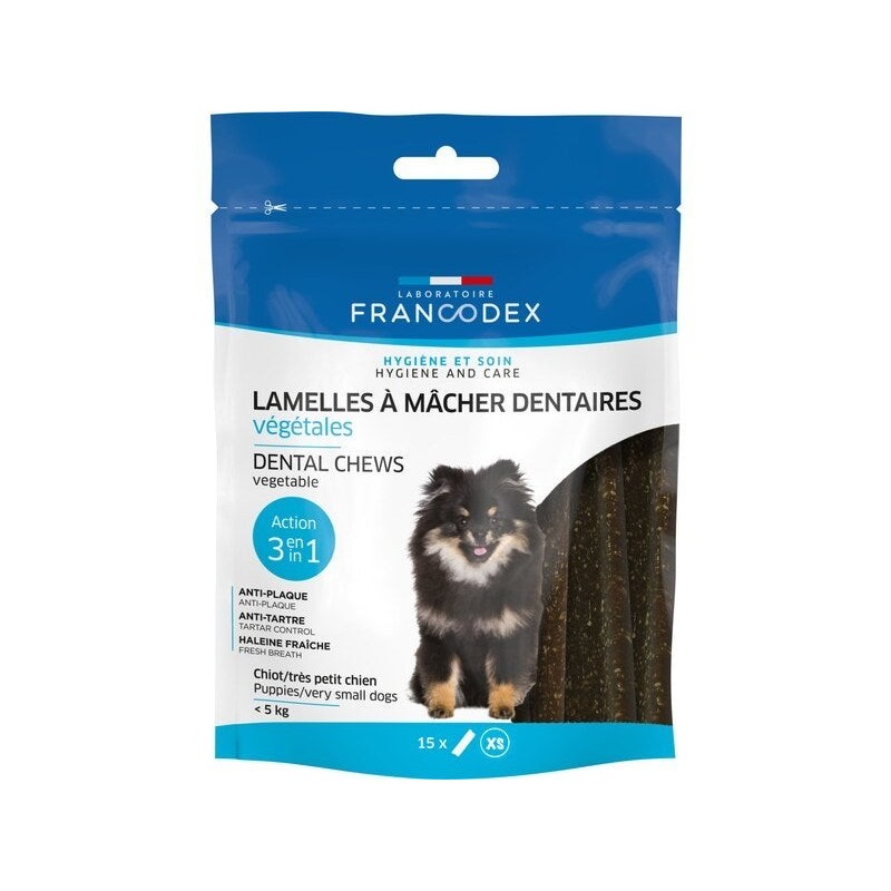 Friandise chiot/chien -5kg lamelles à mâcher dentaires anti plaq/tart x15 pcs FRANCODEX