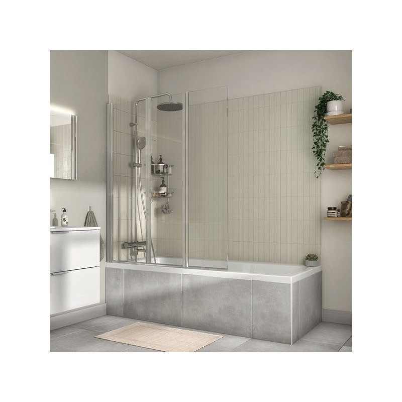 Pare-baignoire pliable transparent chromé, H.140 x l.120 cm Essential