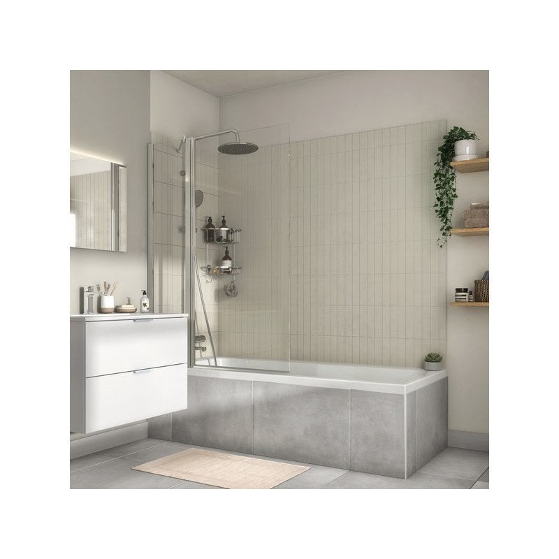 Pare-baignoire fixe et pivotant transparent chromé, H.140 x l.103 cm ESSENTIAL