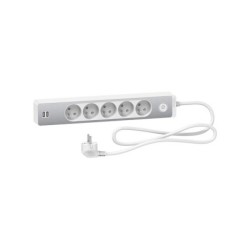 Multiprise filaire 5 prises + 2 usb 1.5m, SCHNEIDER ELECTRIC, blanc / aluminium