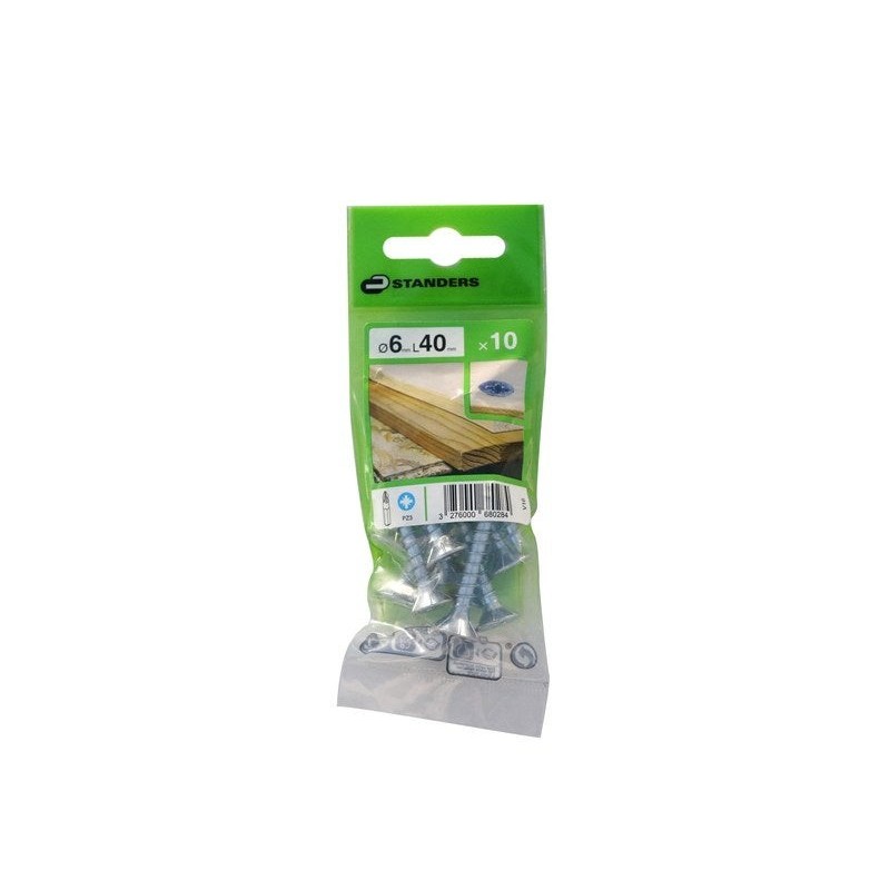 Lot De 10 Vis Acier Tête Fraisée Standers, Diam.6 Mm X L.40 Mm