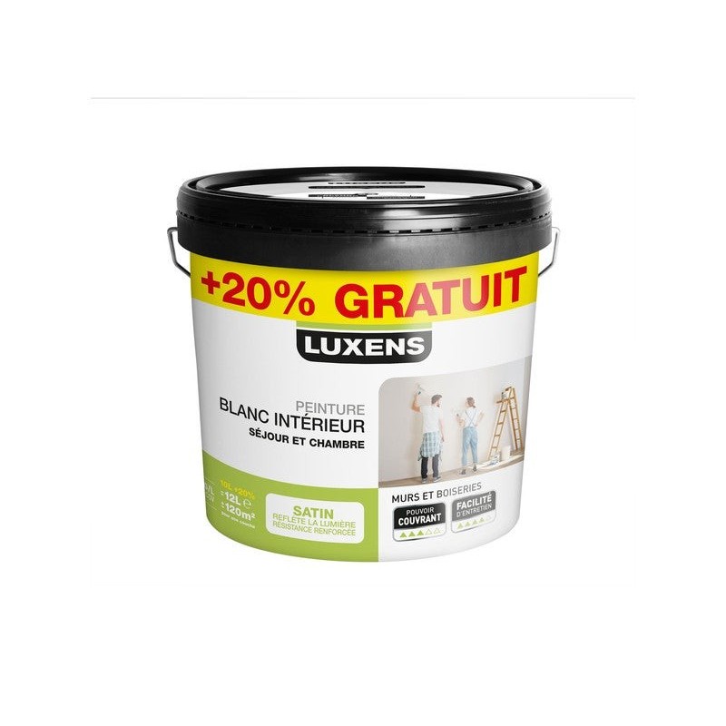 Peinture blanc mur / boiserie LUXENS Séjour et chambre satiné 10L+20% gratuit